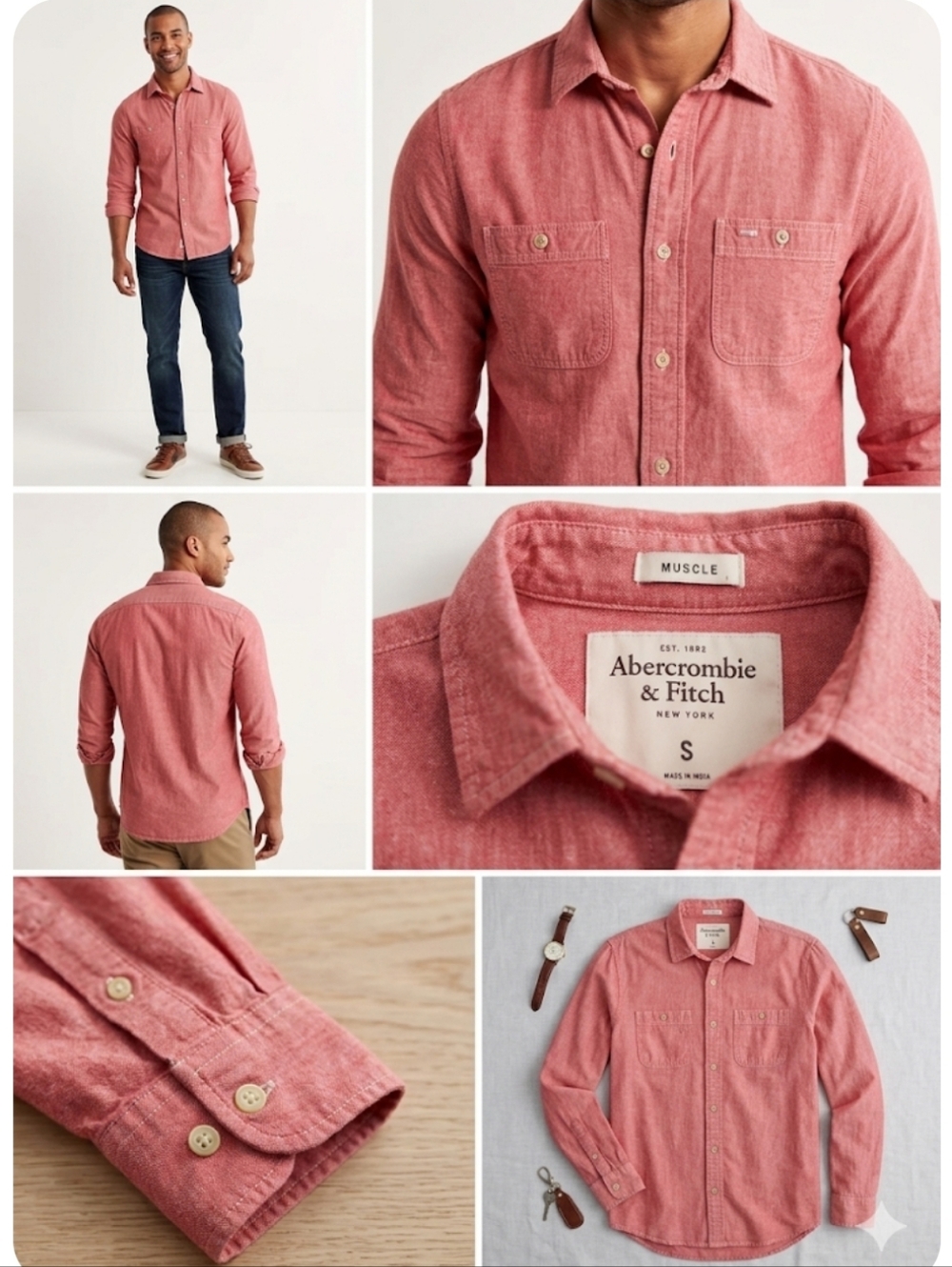 Abercrombie & Fitch Muscle Fit Button Up Shirt Small Salmon Distressed Look